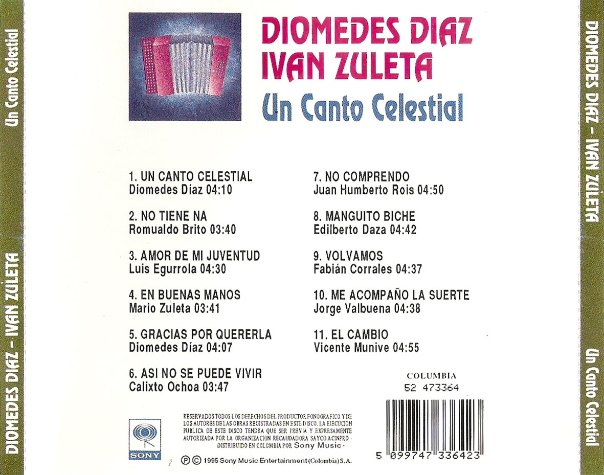 Diomedes Díaz e Iván Zuleta - 1995 - Un Canto Celestial - Trasera